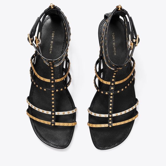 Tory Burch $338 CAPRI GLADIATOR STUDDED SANDAL 3 Tone Leather Black Ivor… - Picture 7 of 9